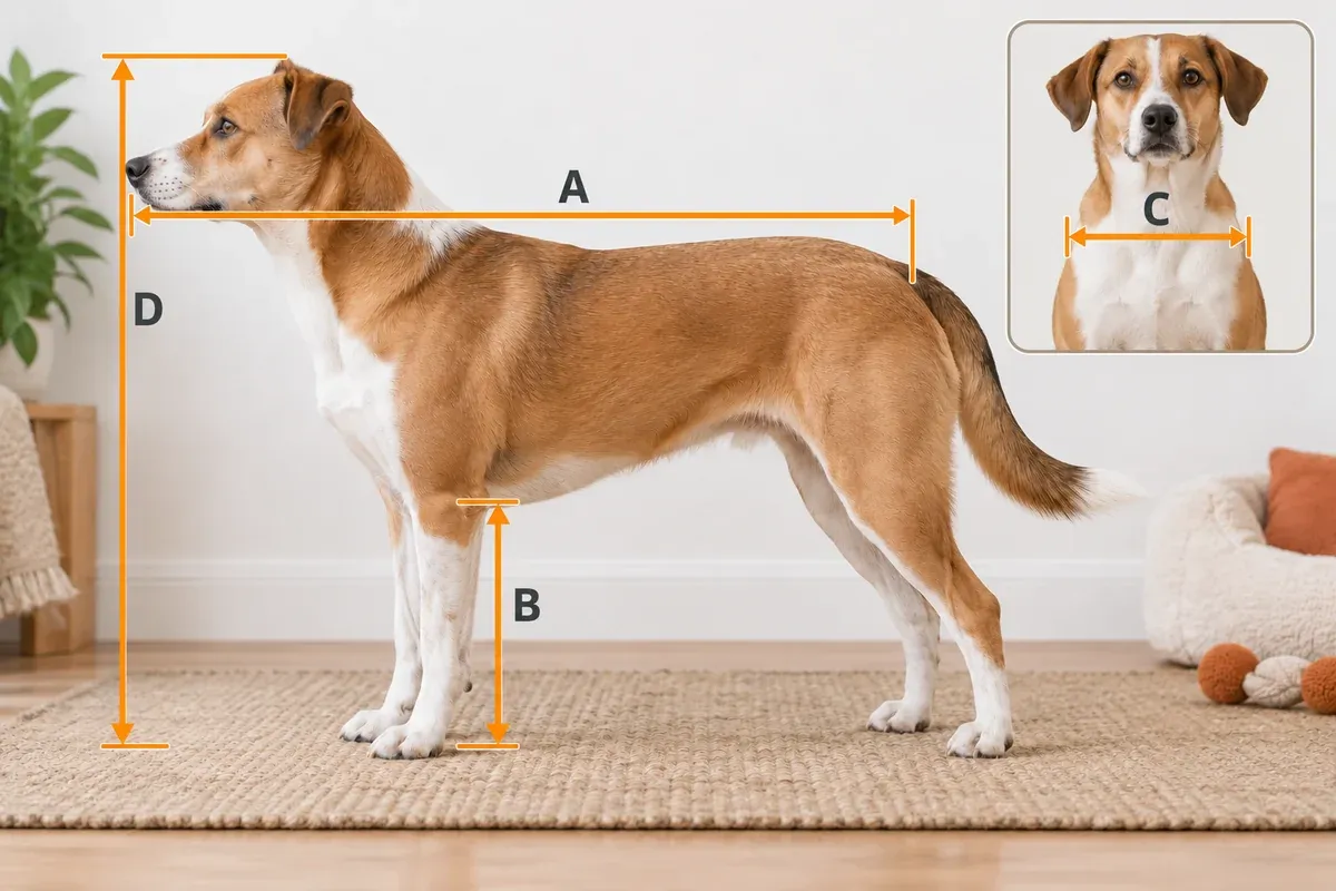 Side and front views of a standing dog showing airline-crate measurements A, B, C and D.