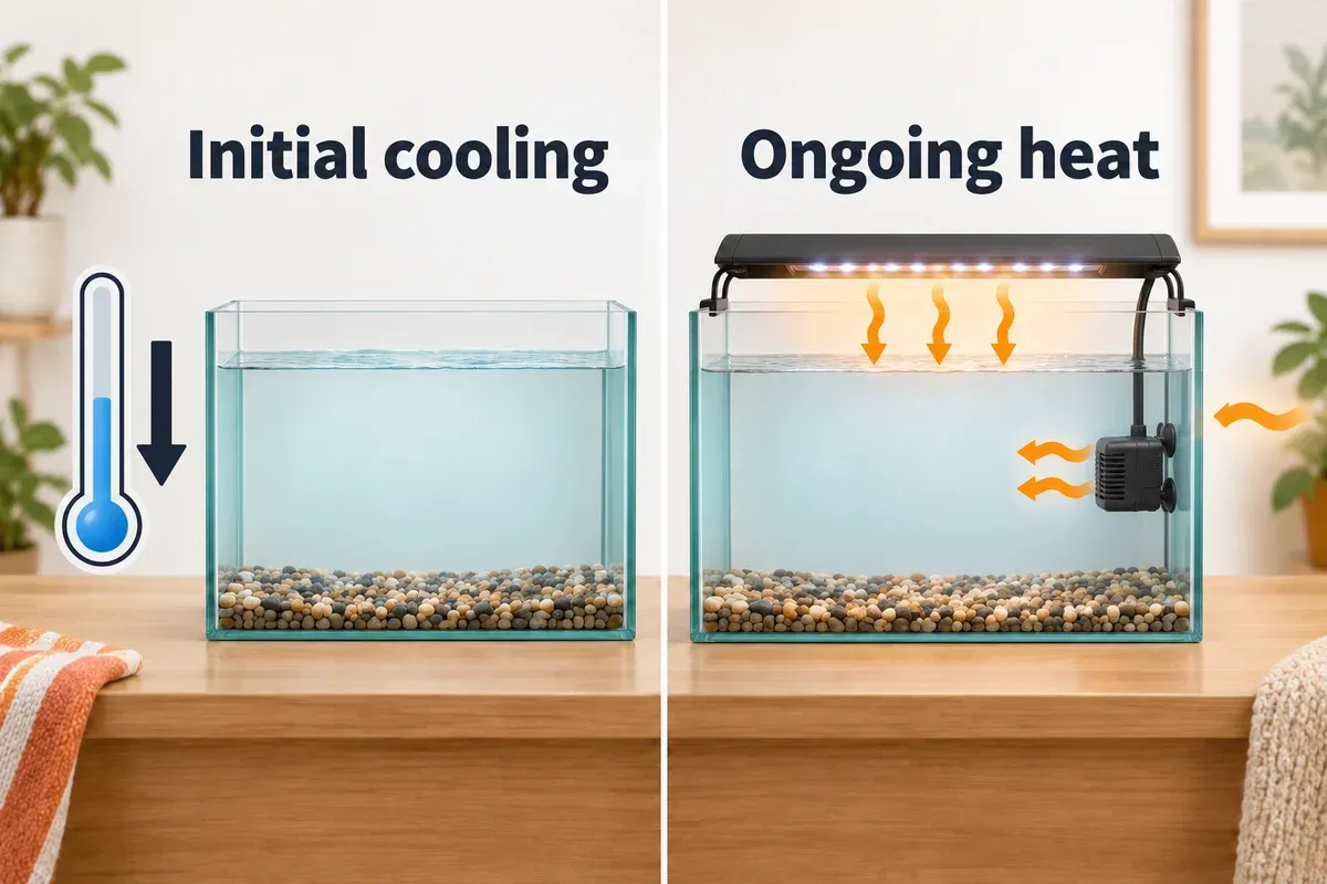 Two cooling tasks: lowering the starting water temperature and removing heat that continues to enter from equipment and surroundings.