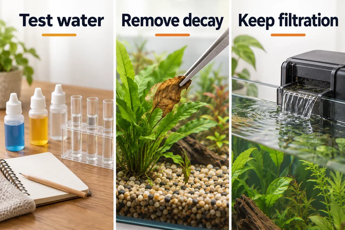Water-test supplies, a tool lifting a loose decaying leaf, and a working aquarium-filter return with gentle surface movement.