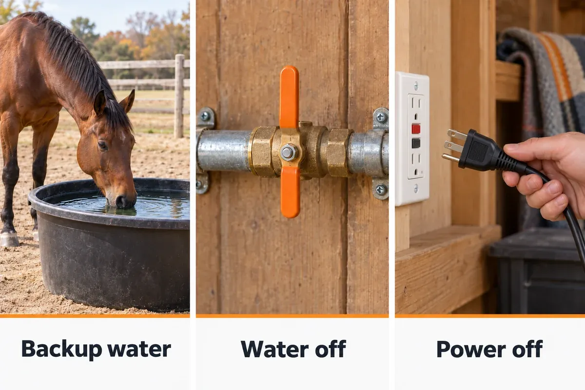 Three waterer preparation steps: clean backup water, a closed supply valve, and an unplugged heater cord.