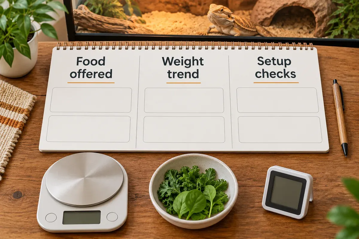 Blank food, weight and setup observation notebook beside a scale, leafy greens and a digital thermometer.