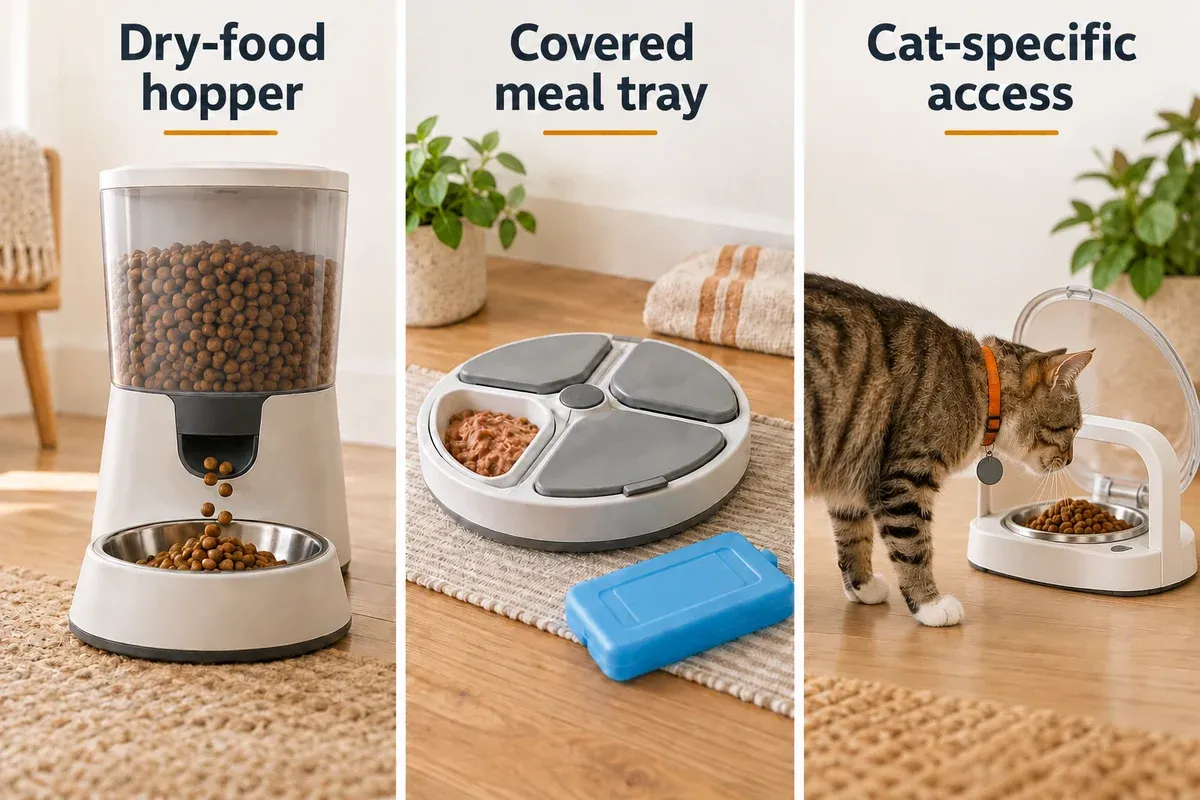 Three feeding formats: a dry-food hopper, covered meal tray, and cat-specific access station.
