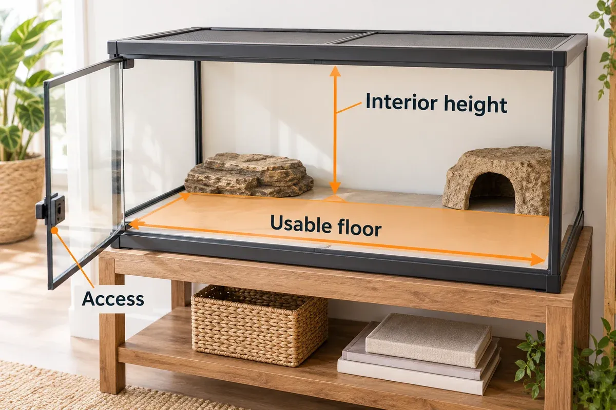 Empty enclosure illustration distinguishing usable floor area, interior height and front access.
