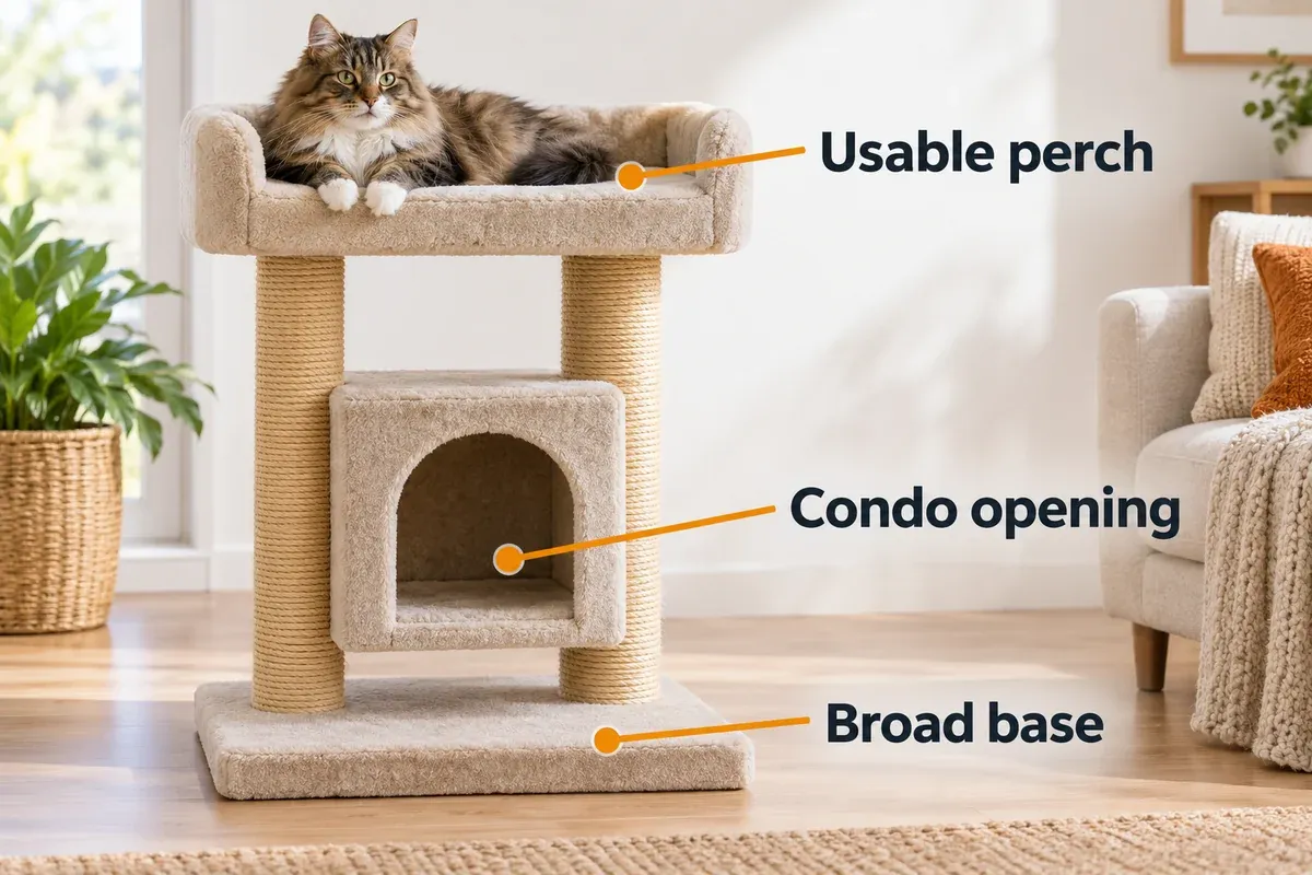 Large cat resting on a broad perch with callouts for usable resting space, condo opening and base.