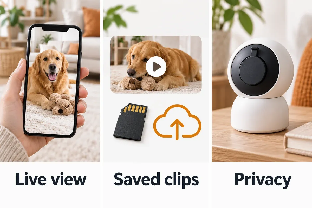 Illustrations of live camera viewing, a saved clip and a covered camera lens.