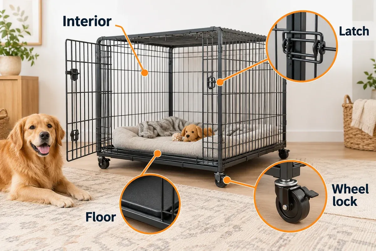 Heavy-duty crate inspection showing usable interior, latch, floor and wheel lock.
