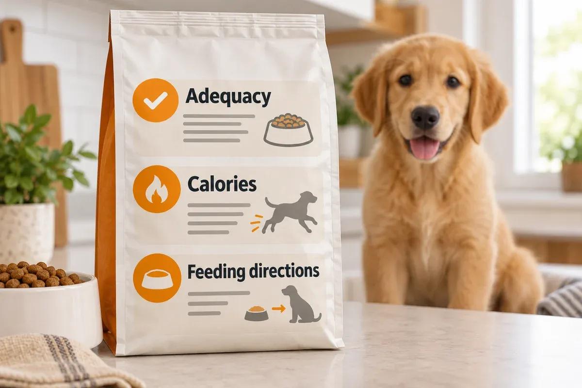 Generic puppy-food label with adequacy, calorie and feeding-direction sections highlighted.