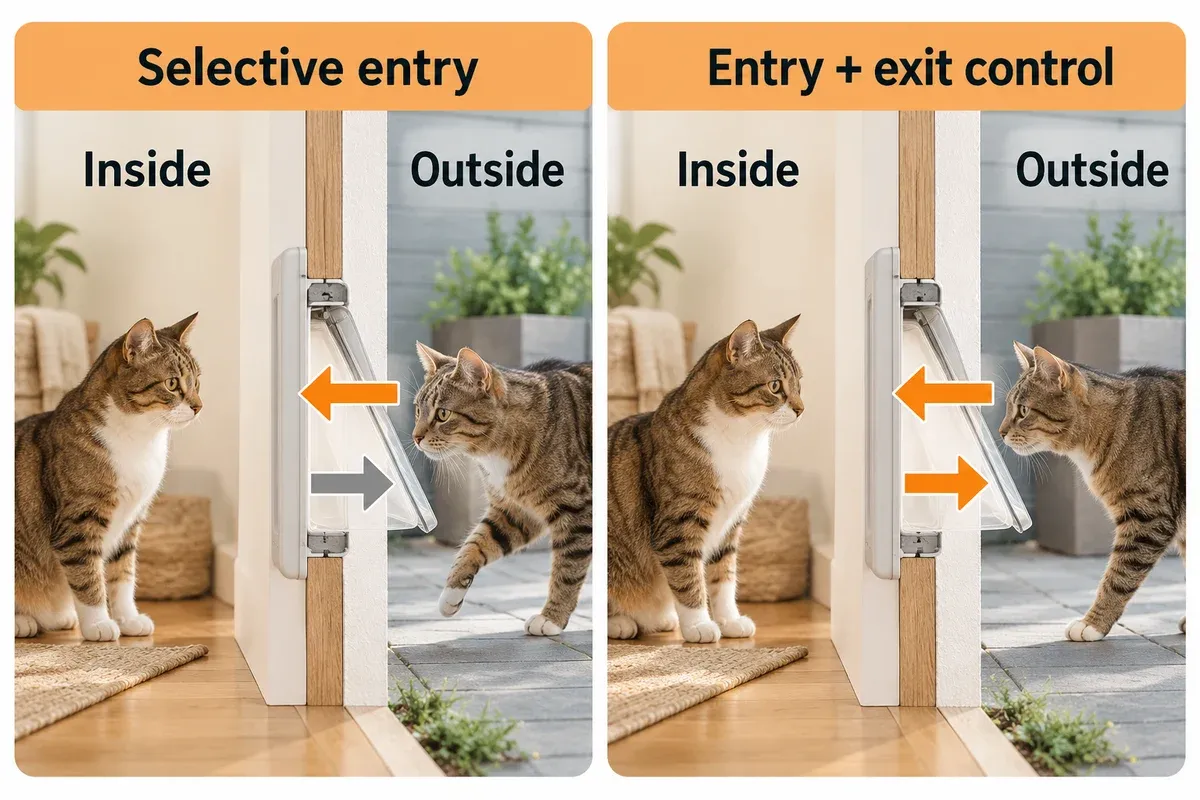 Conceptual comparison of selective entry alone and selective entry plus exit control through a cat flap.
