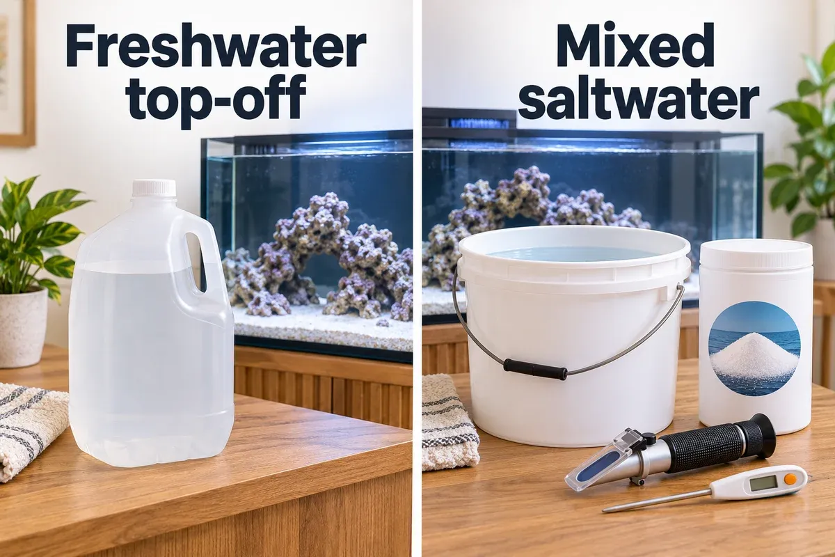 Two marine aquarium water supplies: a plain freshwater top-off jug and a dedicated bucket of prepared saltwater with salinity-testing tools.