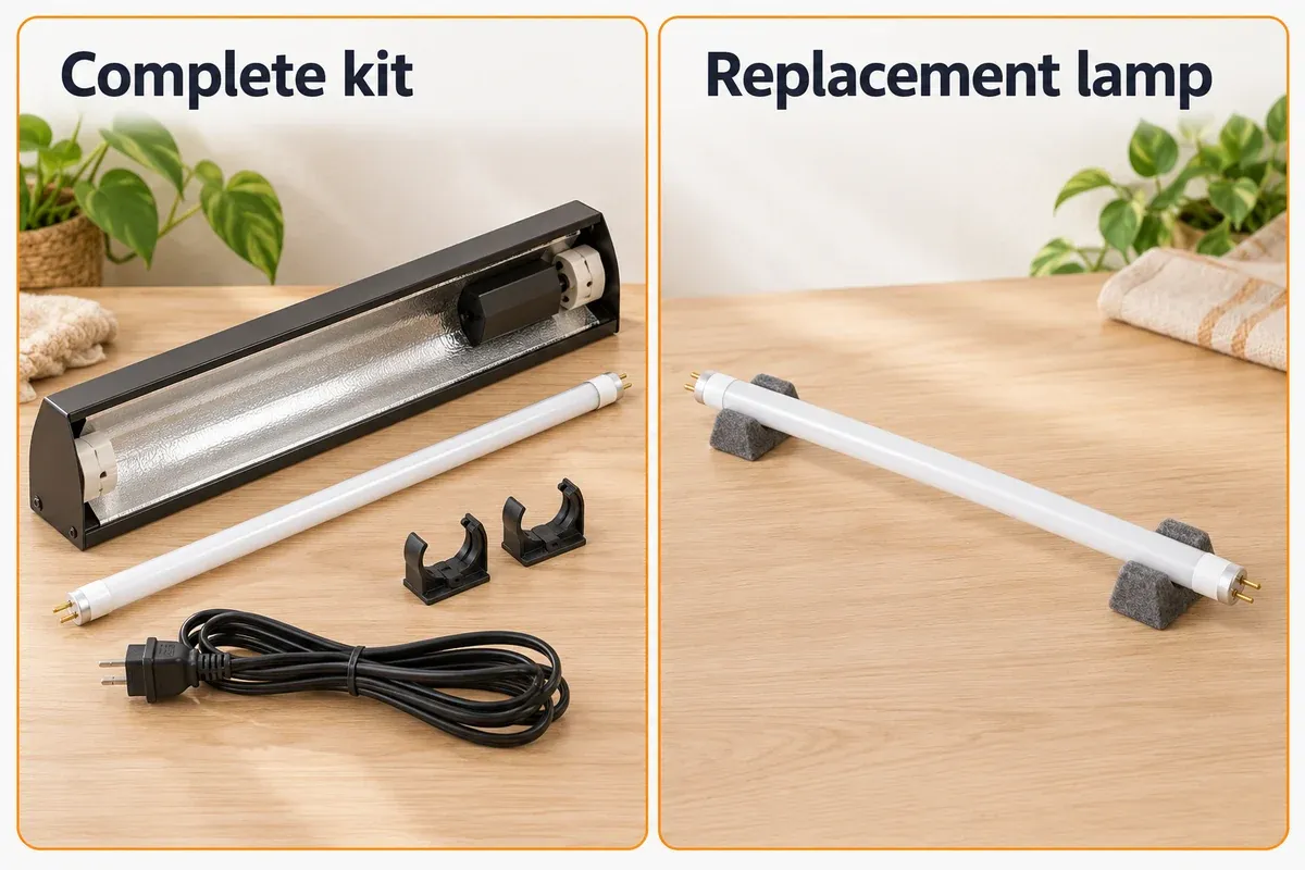 Complete generic linear UVB fixture kit compared with a replacement tube on its own.