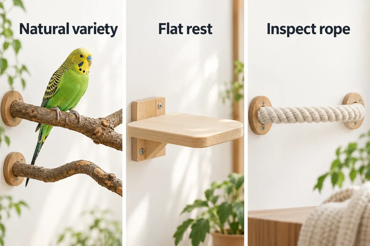Three bird perch options: varied natural branches, a flat wooden rest platform, and an intact woven rope perch.