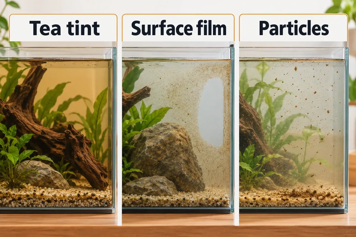 Three aquarium close-ups compare transparent tea-colored water around driftwood, a dusty brown coating on glass in clear water, and suspended brown debris.