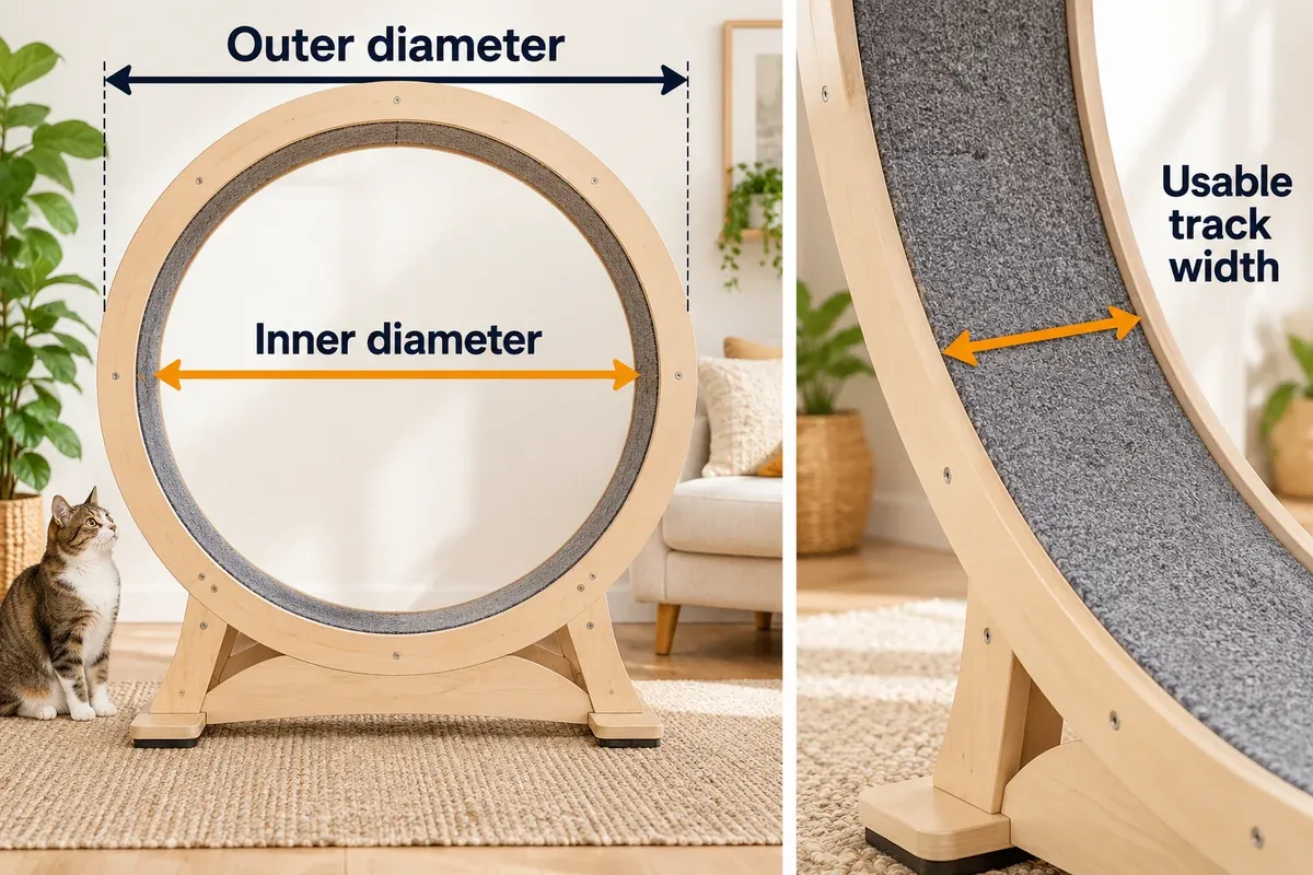 Front and angled views distinguishing a cat wheel’s inner diameter, outer rim and usable track width.