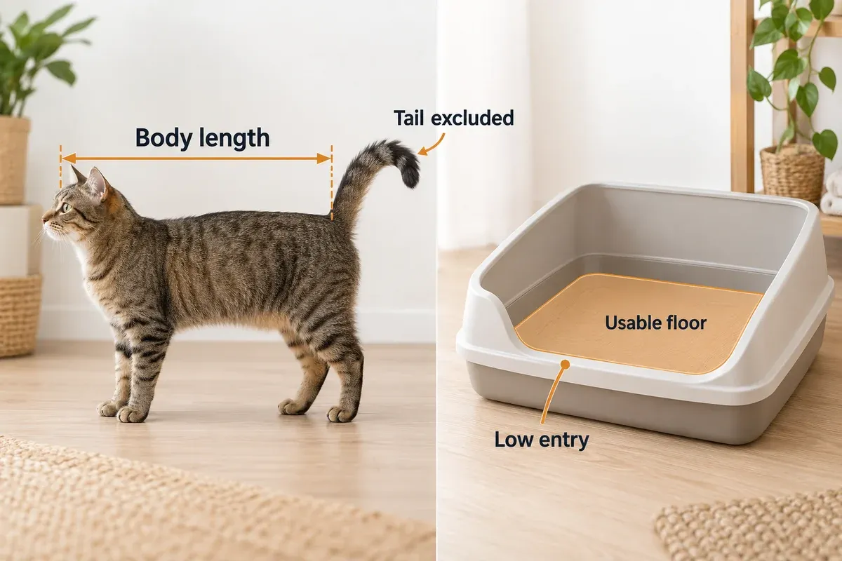 A cat measured from nose to tail base beside a litter box with its usable floor and low entry highlighted.