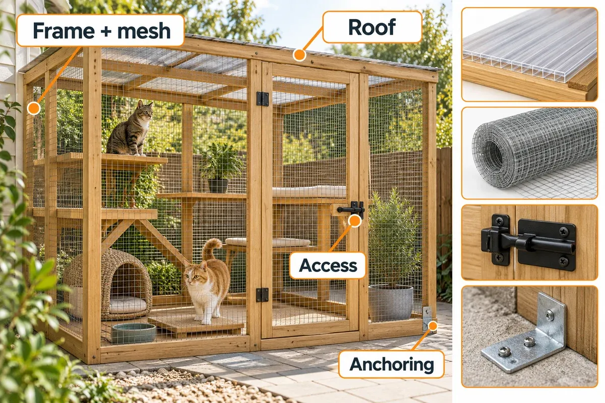 Example catio with frame, mesh, roof, access and anchoring highlighted as separate budget items.