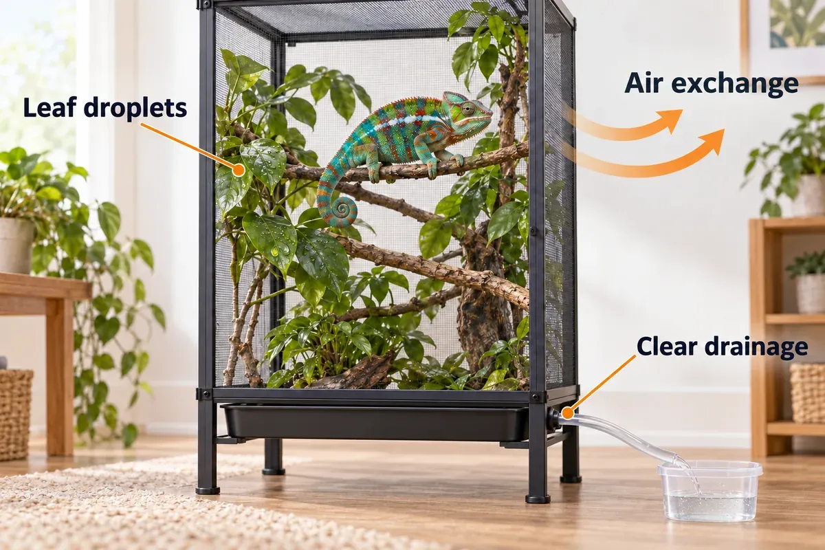 Screen-cage example with leaf droplets, a clear drainage route and open air exchange around branches.