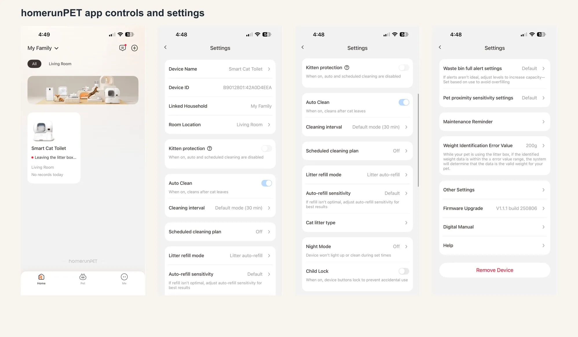 homerunPET app screenshots showing the device card, cleaning interval, night mode, and settings controls for the CS106