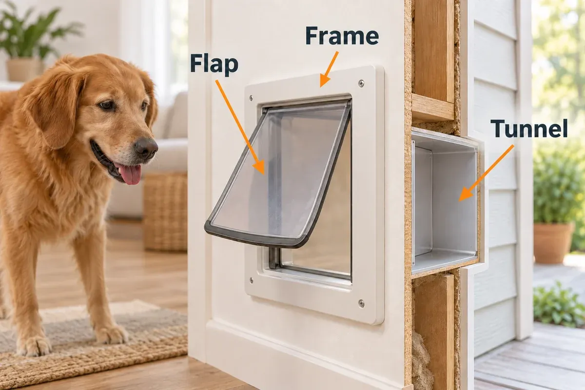 Dog-door cutaway identifying the flap, stationary frame and wall tunnel.