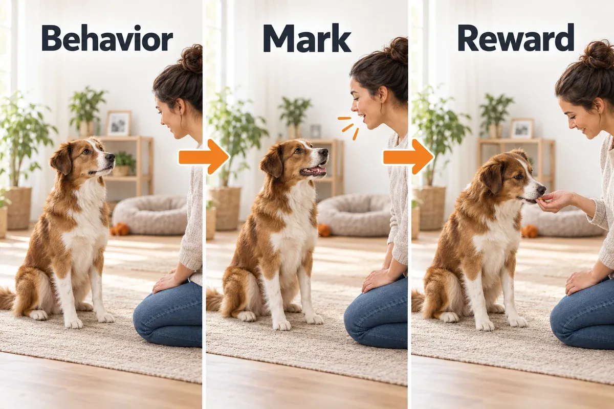 Three training moments showing a voluntary sit, a marker and a small reward.