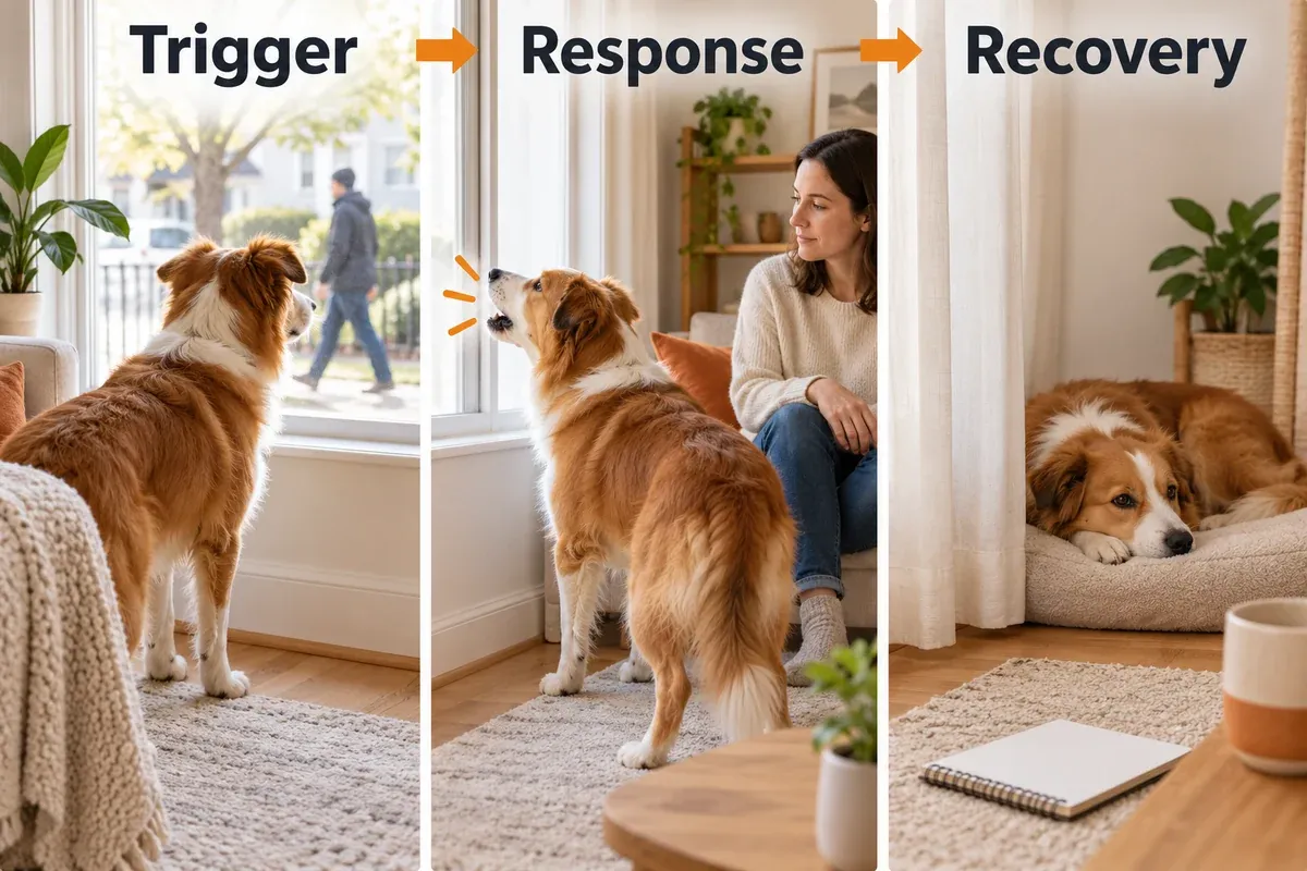 Barking observation sequence showing a window trigger, the dog's response and a later calm moment.