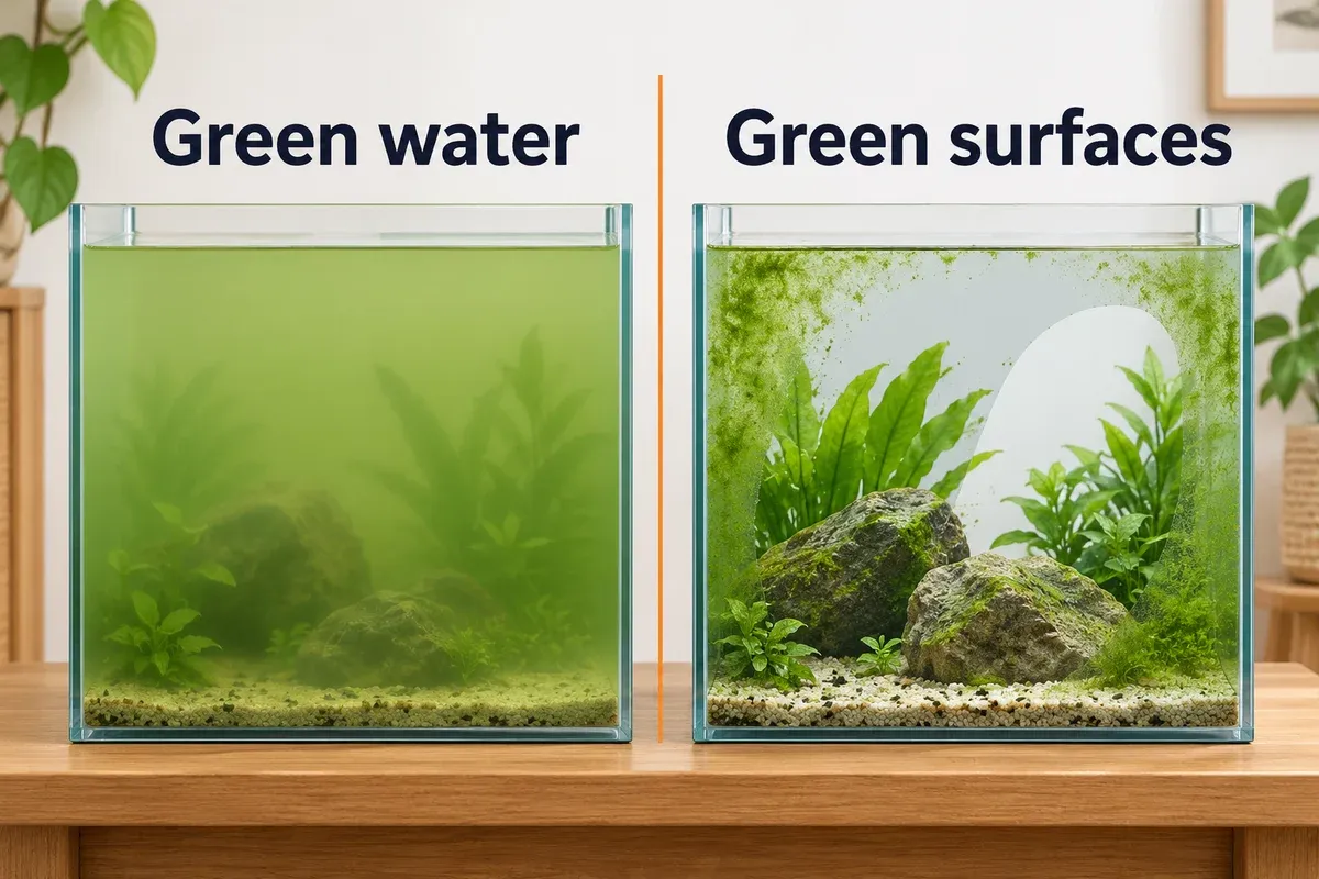 Two fishless aquarium close-ups compare evenly green water with obscured rockwork and clear water with green algae attached to glass and rocks.