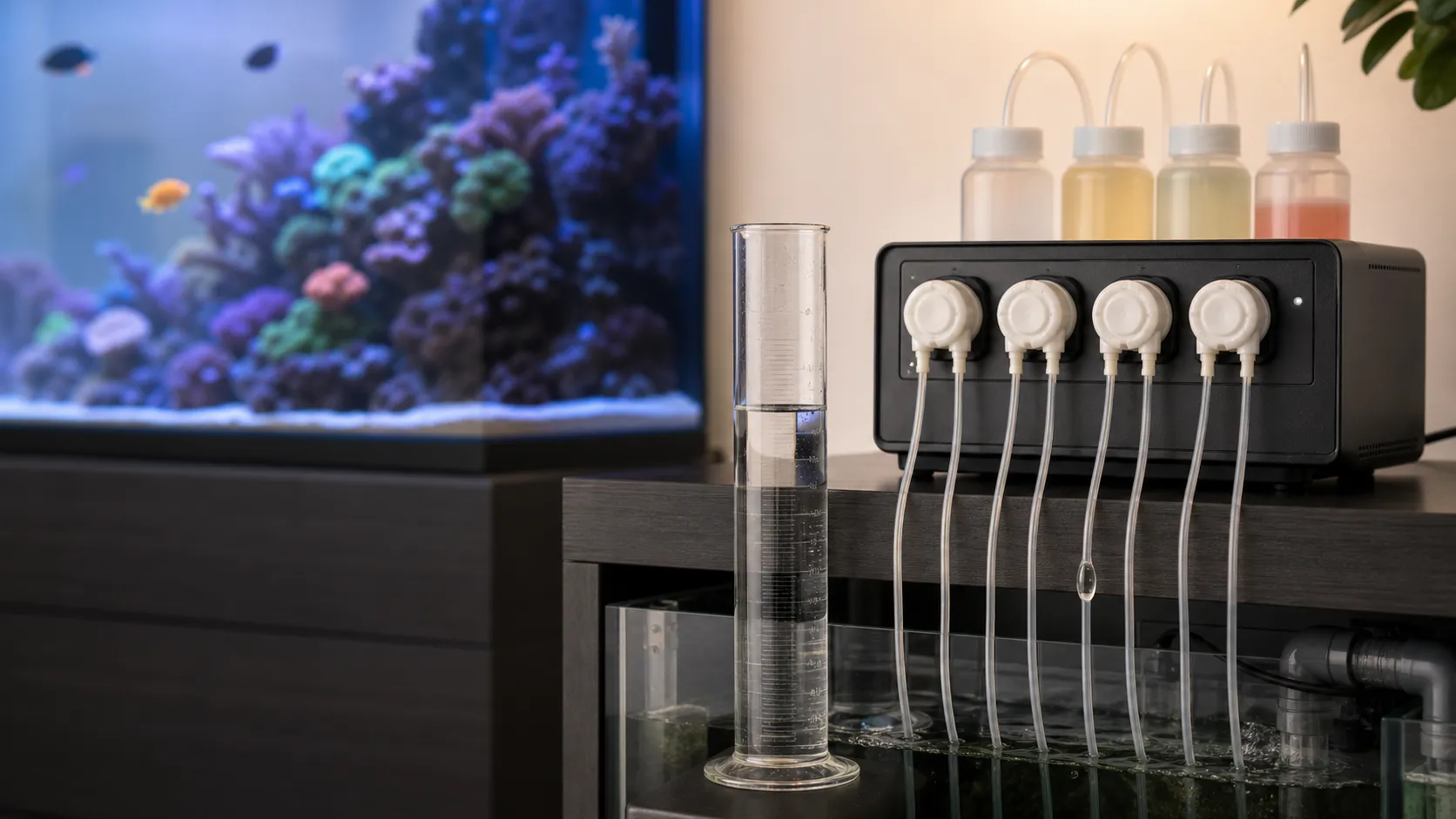 Reef aquarium dosing pump with clear dosing lines, a measuring cylinder, and a visible air bubble in one line