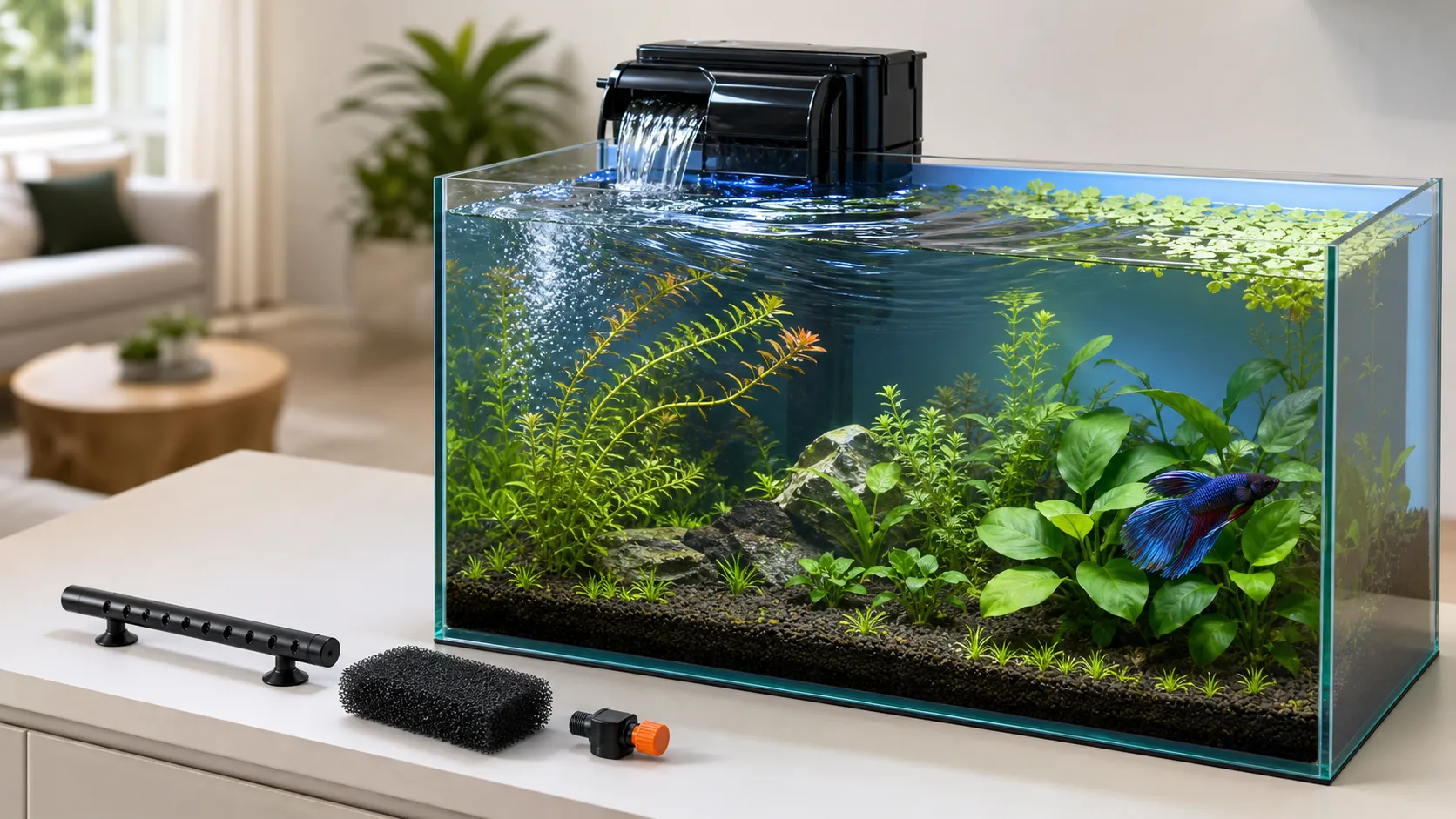 Planted freshwater aquarium with a turbulent filter outlet, floating plants pushed aside, and a calm resting zone