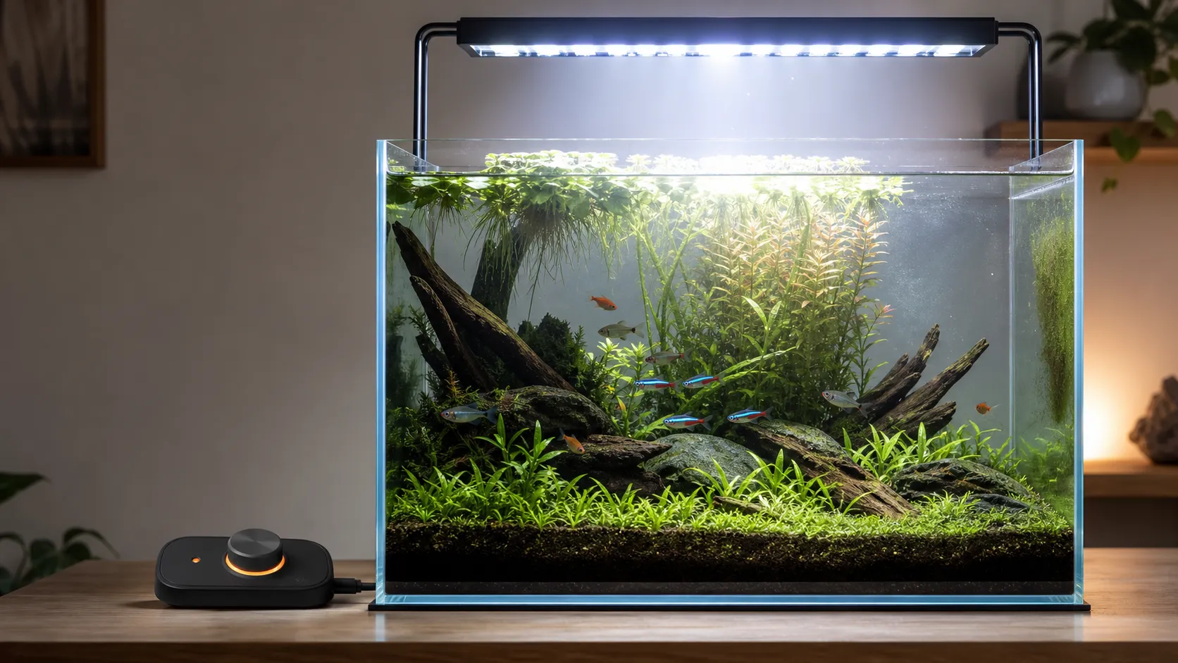 Bright LED aquarium light over a planted freshwater tank with floating plants creating shade and a dimmer beside the aquarium