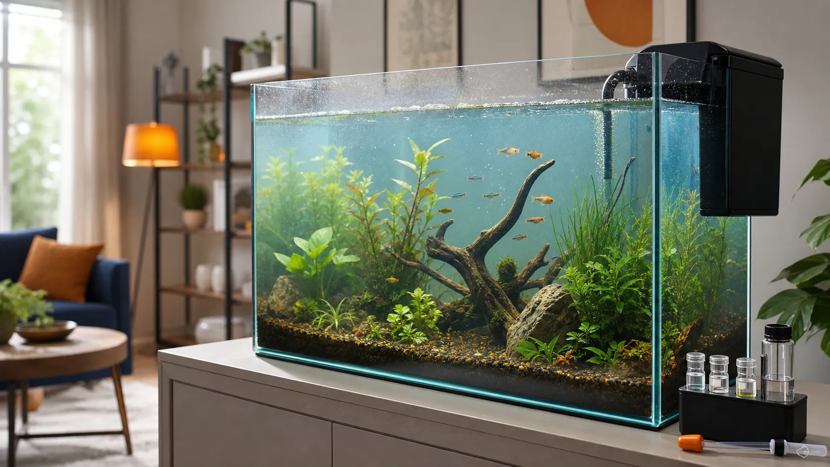 Freshwater aquarium with debris in the substrate, a running filter, and a water test kit beside the tank