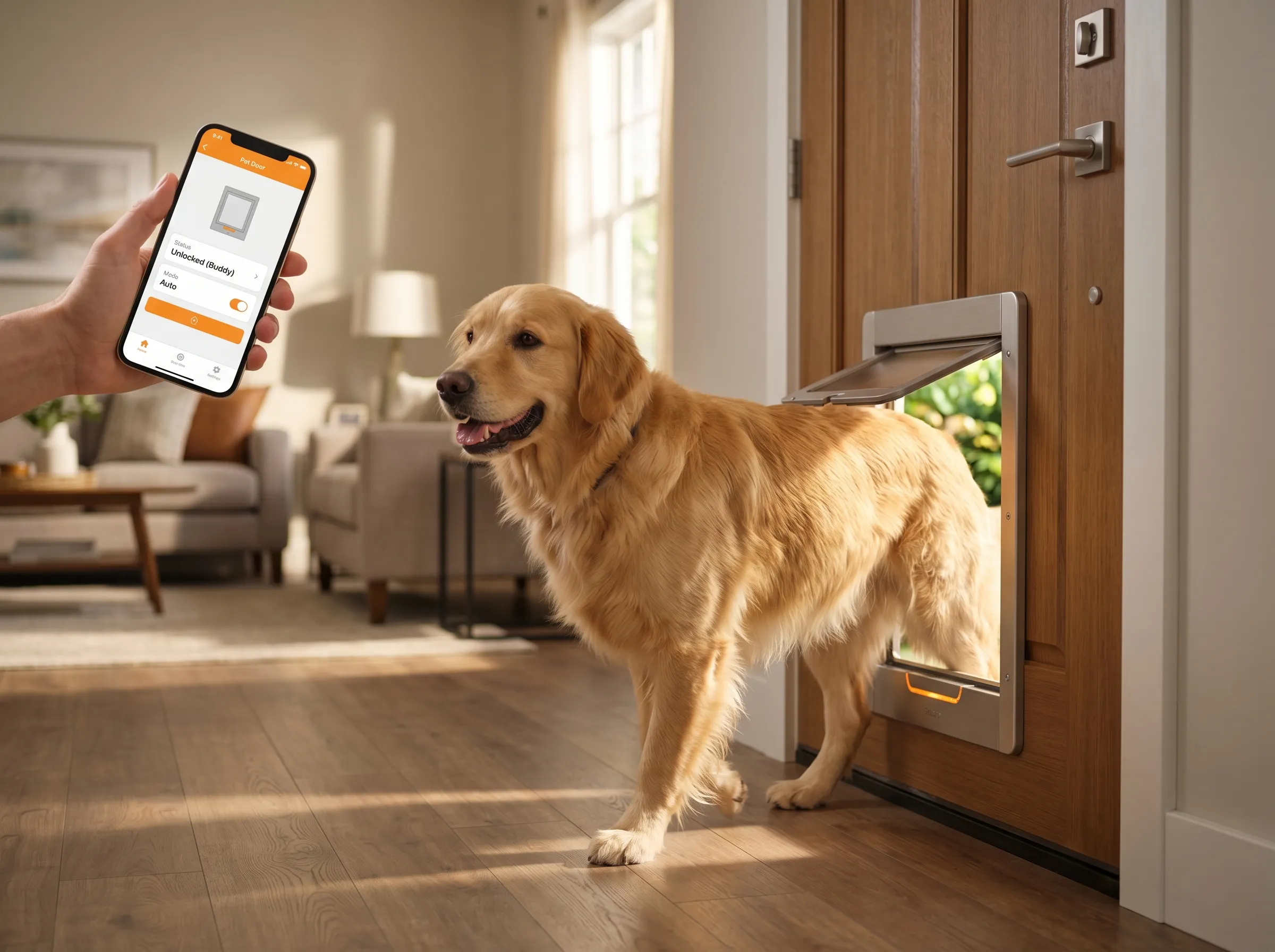 Modern automatic electronic dog door installed in home