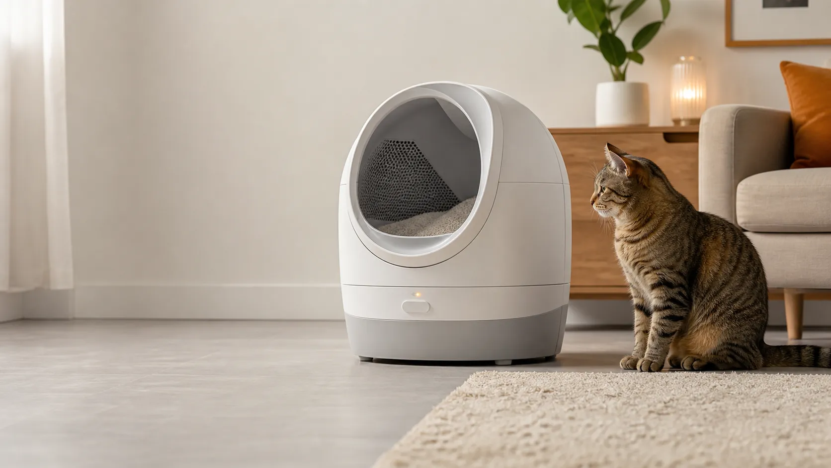 White automatic litter box paused on a firm floor beside a calm tabby cat