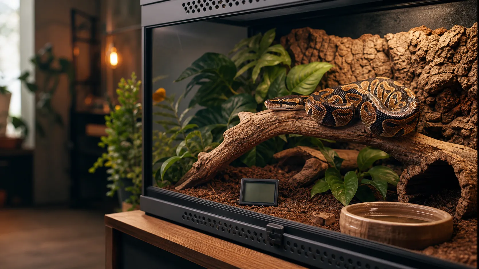 Ball python in a naturalistic enclosure with a digital hygrometer, water bowl, ventilation, and moisture-retentive substrate