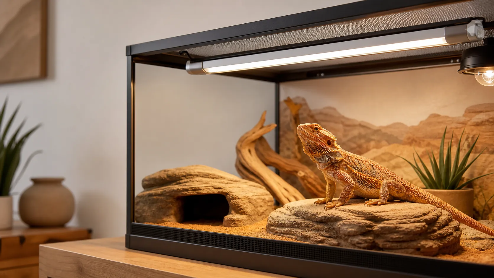 Healthy bearded dragon basking beneath a linear T5-HO UVB fixture in a desert-style enclosure
