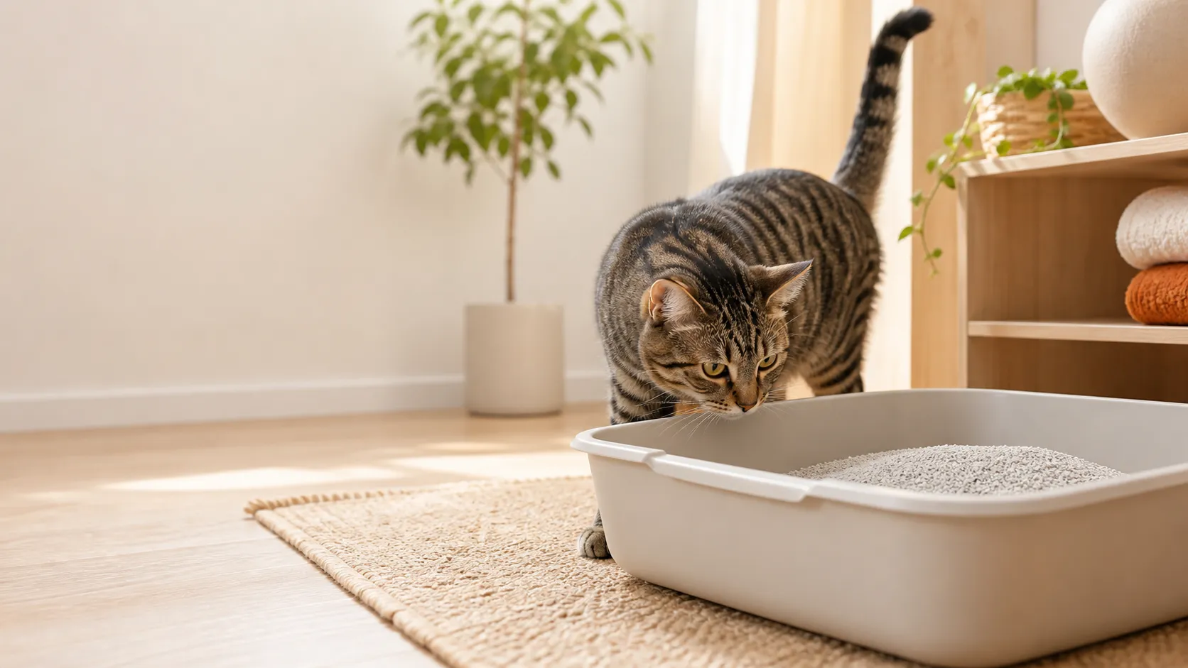 Relaxed tabby cat approaching a clean open litter box in a warm, calm home