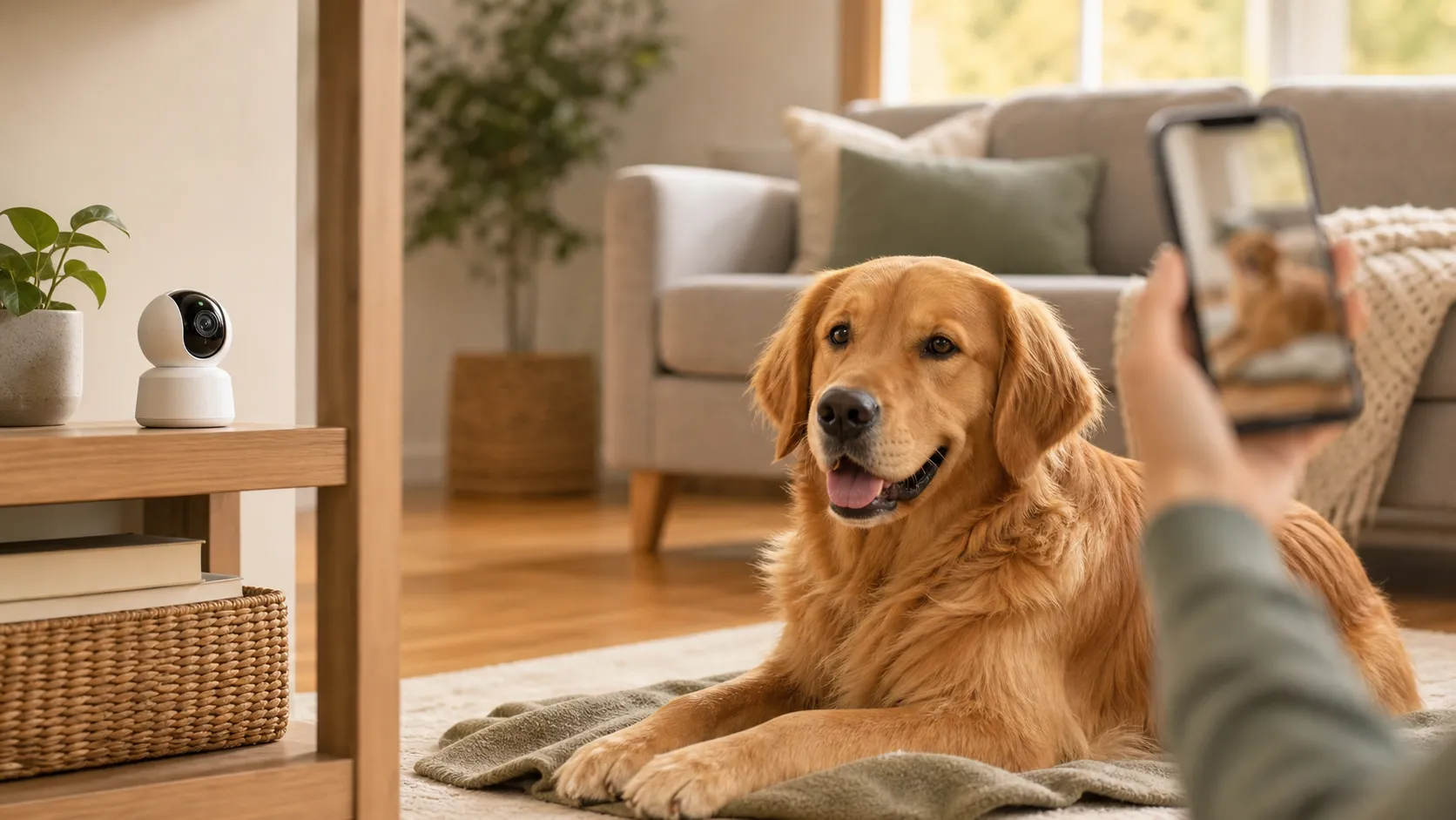 A calm dog resting at home while a smart pet camera watches from a shelf