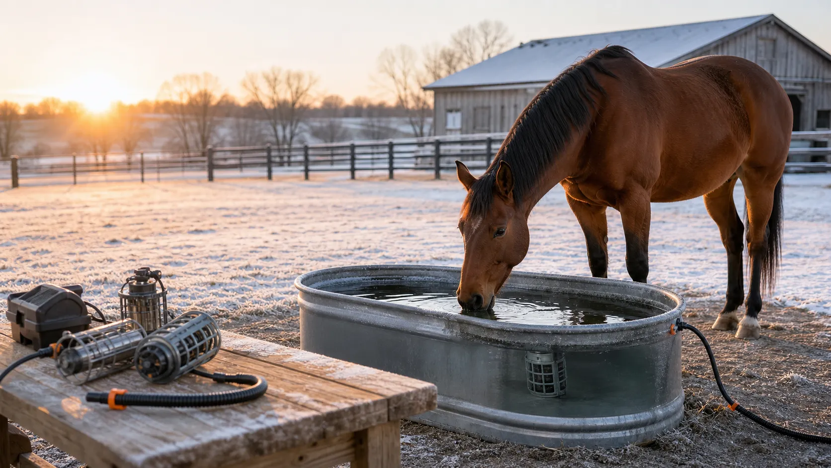 Bay horse drinking from a frosty stock tank beside protected caged de-icers at winter sunrise