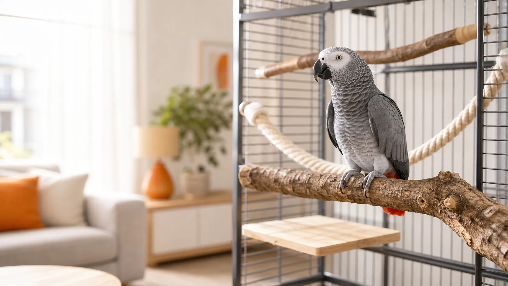 African Grey parrot standing on varied natural wood perches beside a cotton rope perch and flat platform in a bright home cage setup