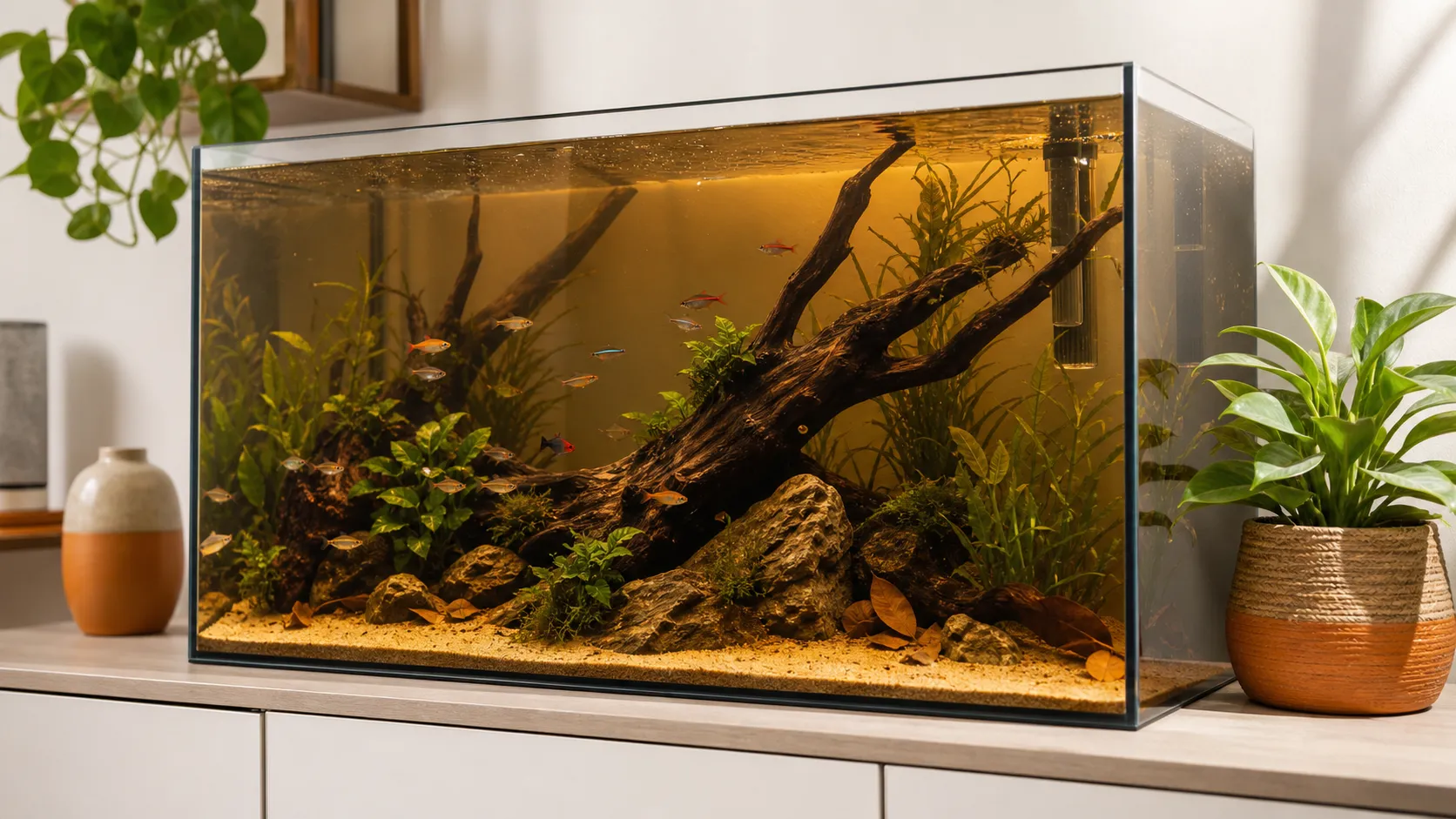 A modern freshwater aquarium with amber-brown water, driftwood, a brown diatom film on the substrate, and healthy fish