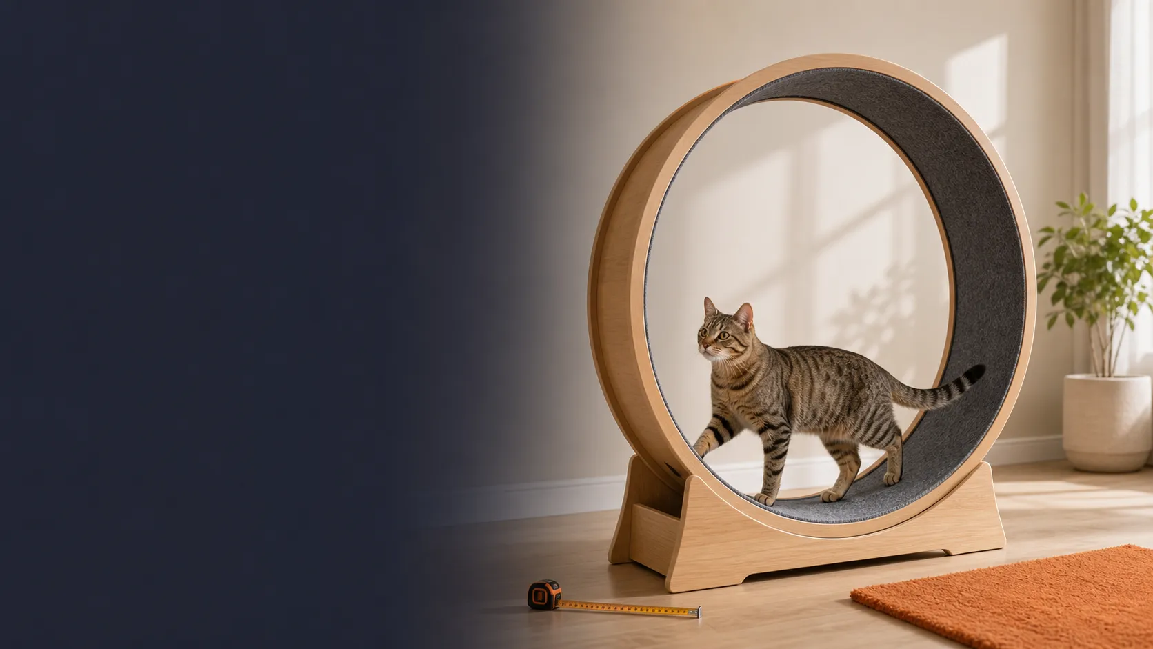 A wide indoor cat exercise wheel beside a relaxed tabby cat in a bright modern room, with a stable base and clear running track