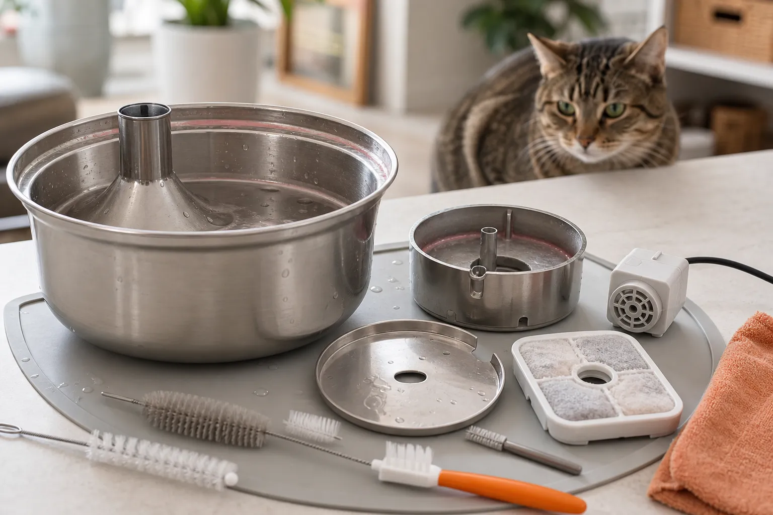 Disassembled stainless steel cat water fountain with pink residue, filter, pump, brushes, and a tabby cat in the background