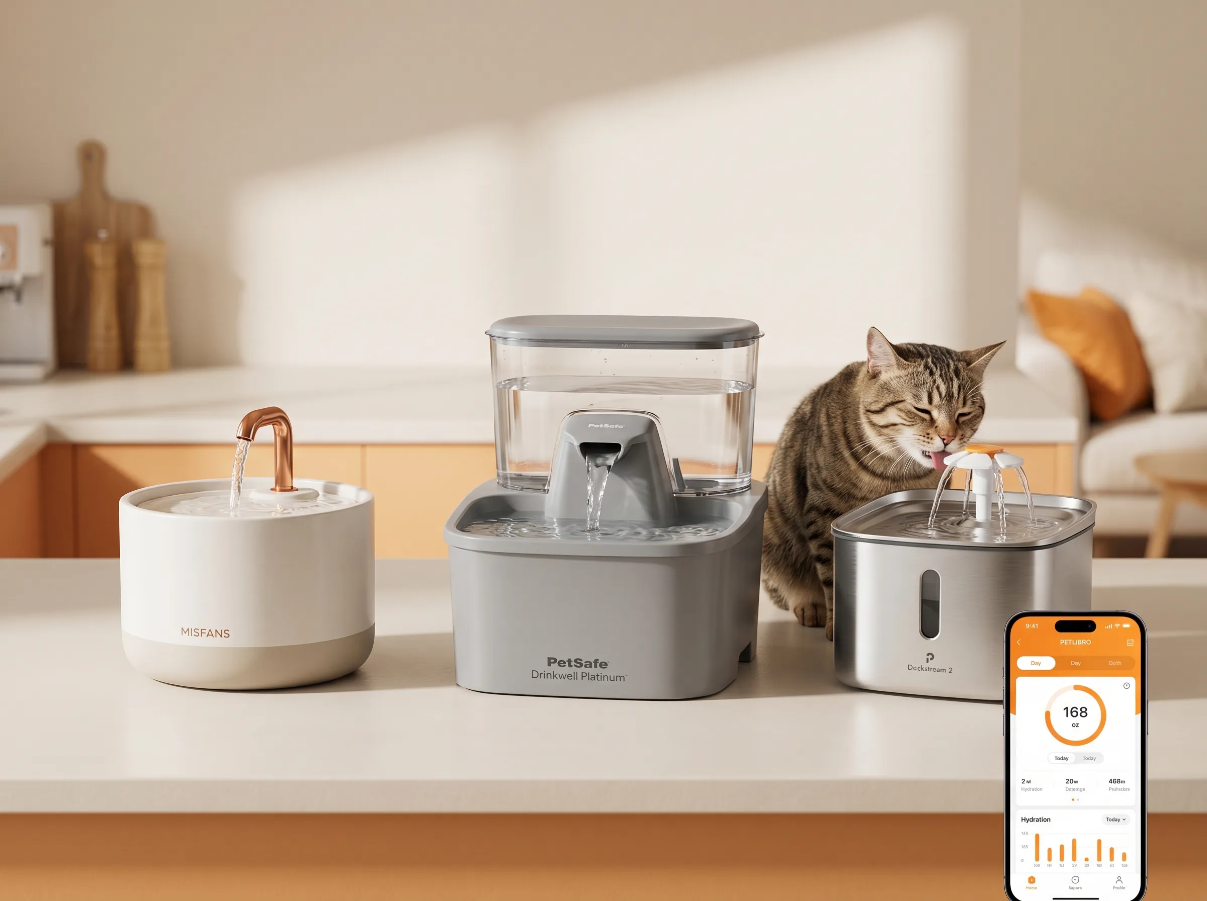 Modern cat water fountain with flowing water and cat drinking