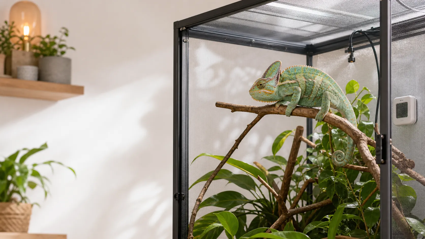 Veiled chameleon in a tall screen and hybrid enclosure with plants, a misting nozzle, and a humidity monitor