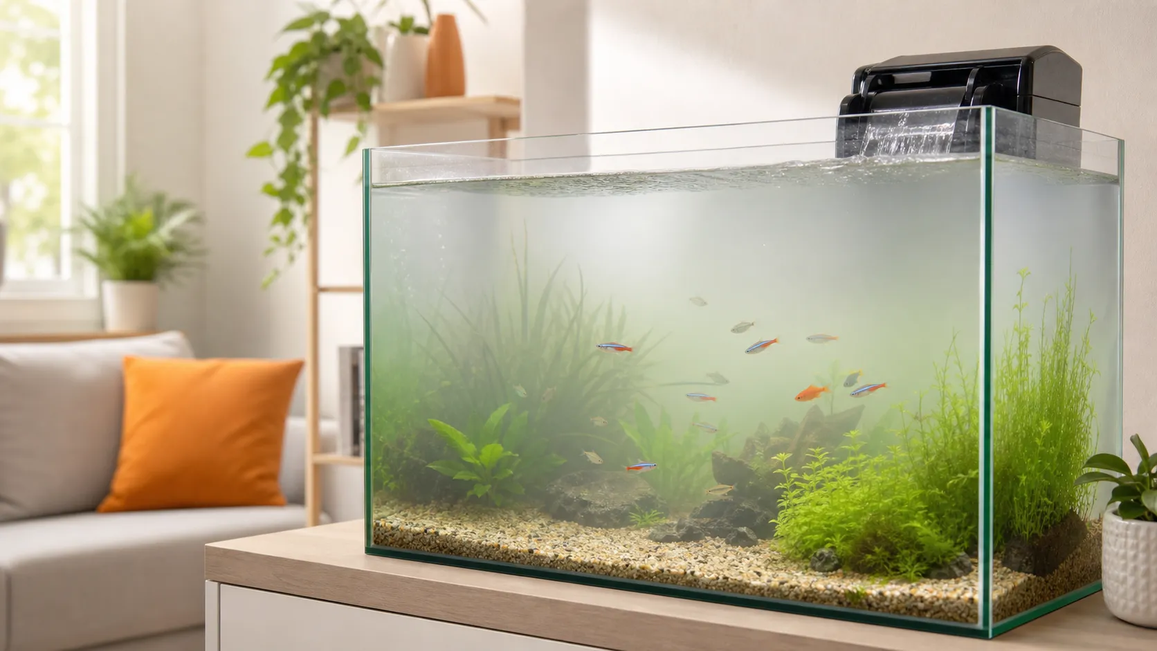 A modern freshwater aquarium with cloudy water, visible fish, substrate, and a running filter