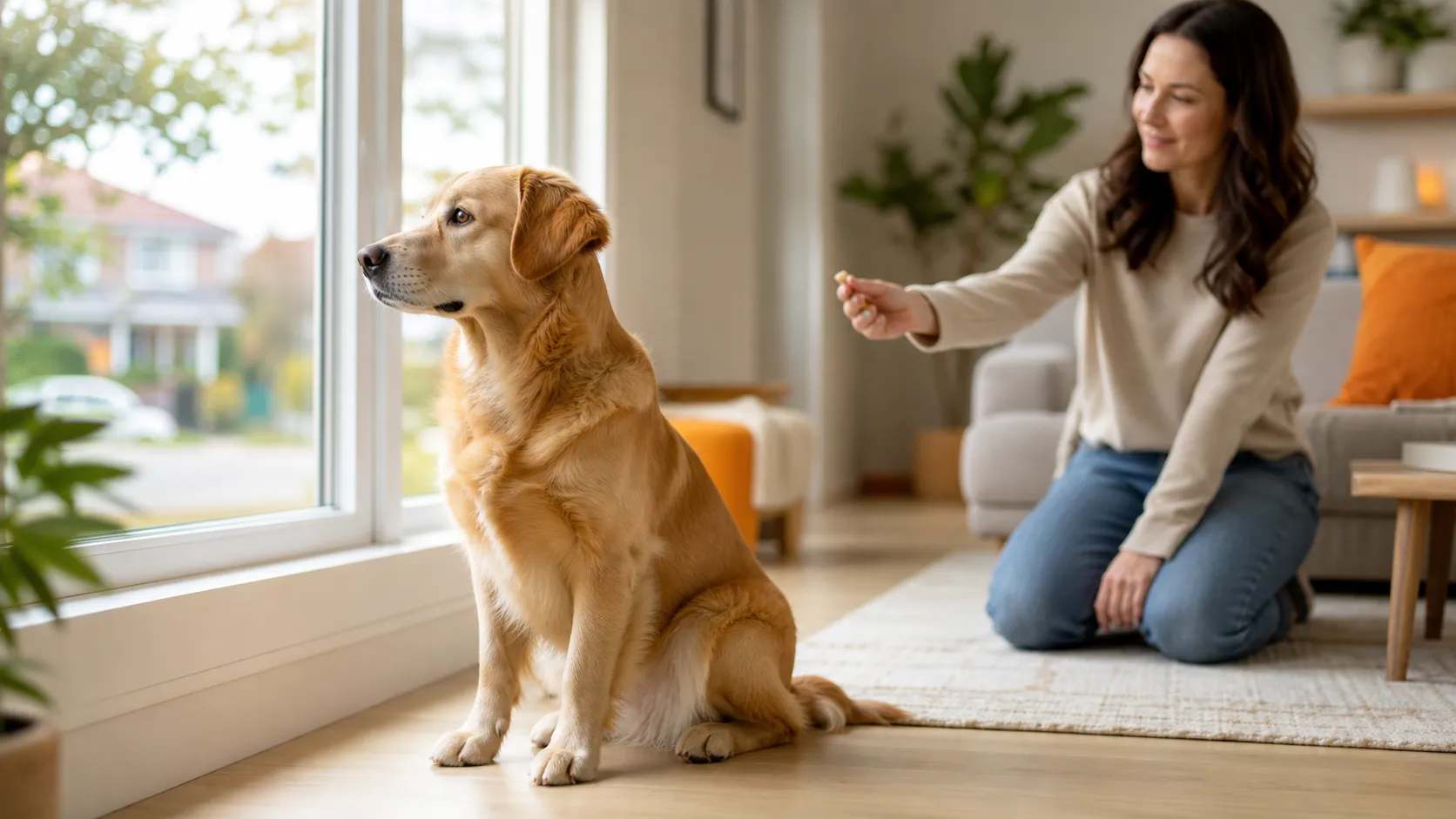 Calm dog looking toward a window while its owner offers a treat in a warm living room