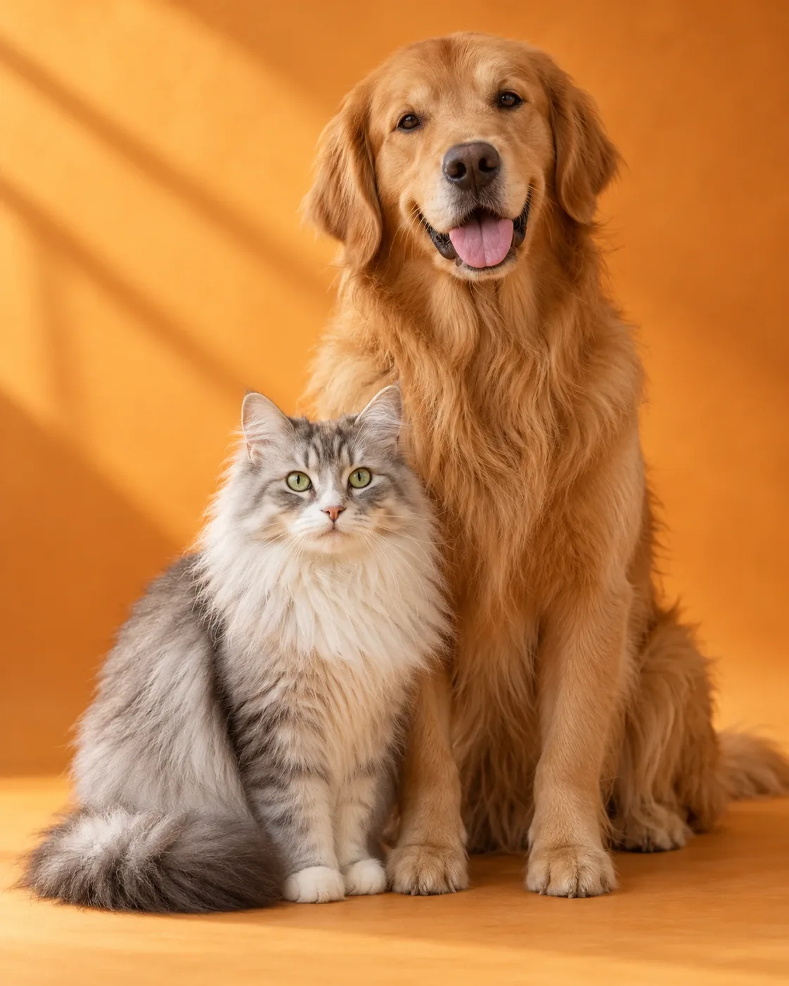 A golden retriever and a silver-gray cat sitting together in warm sunlight.