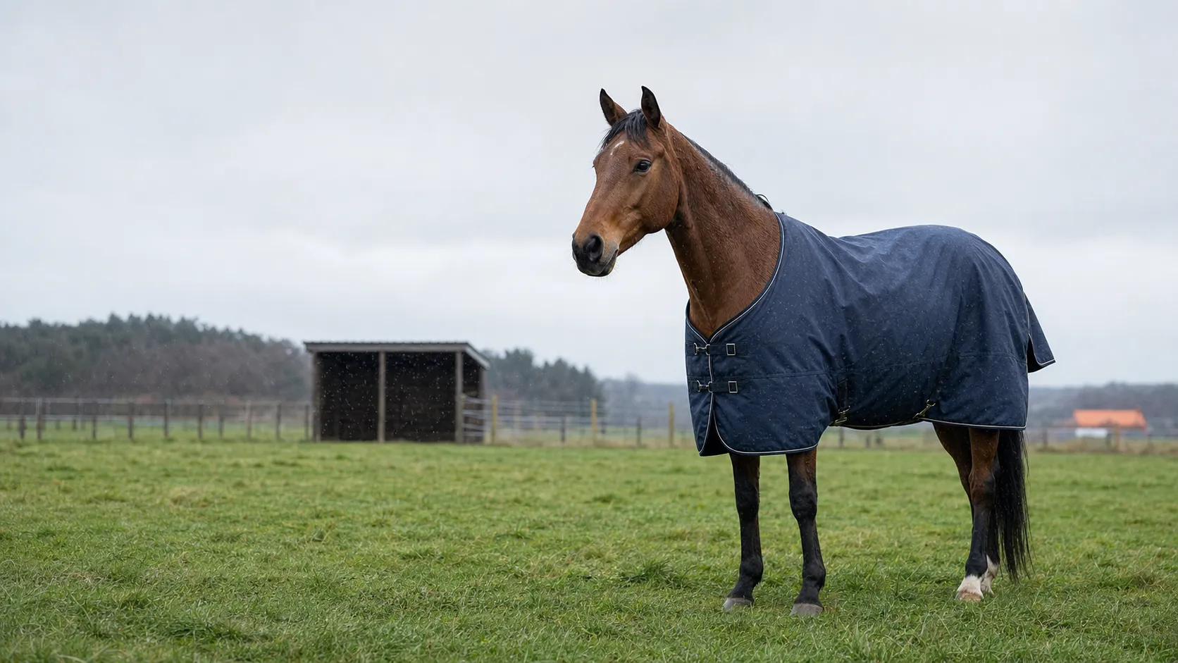 Bay horse standing in a windy winter paddock wearing a dark waterproof turnout blanket