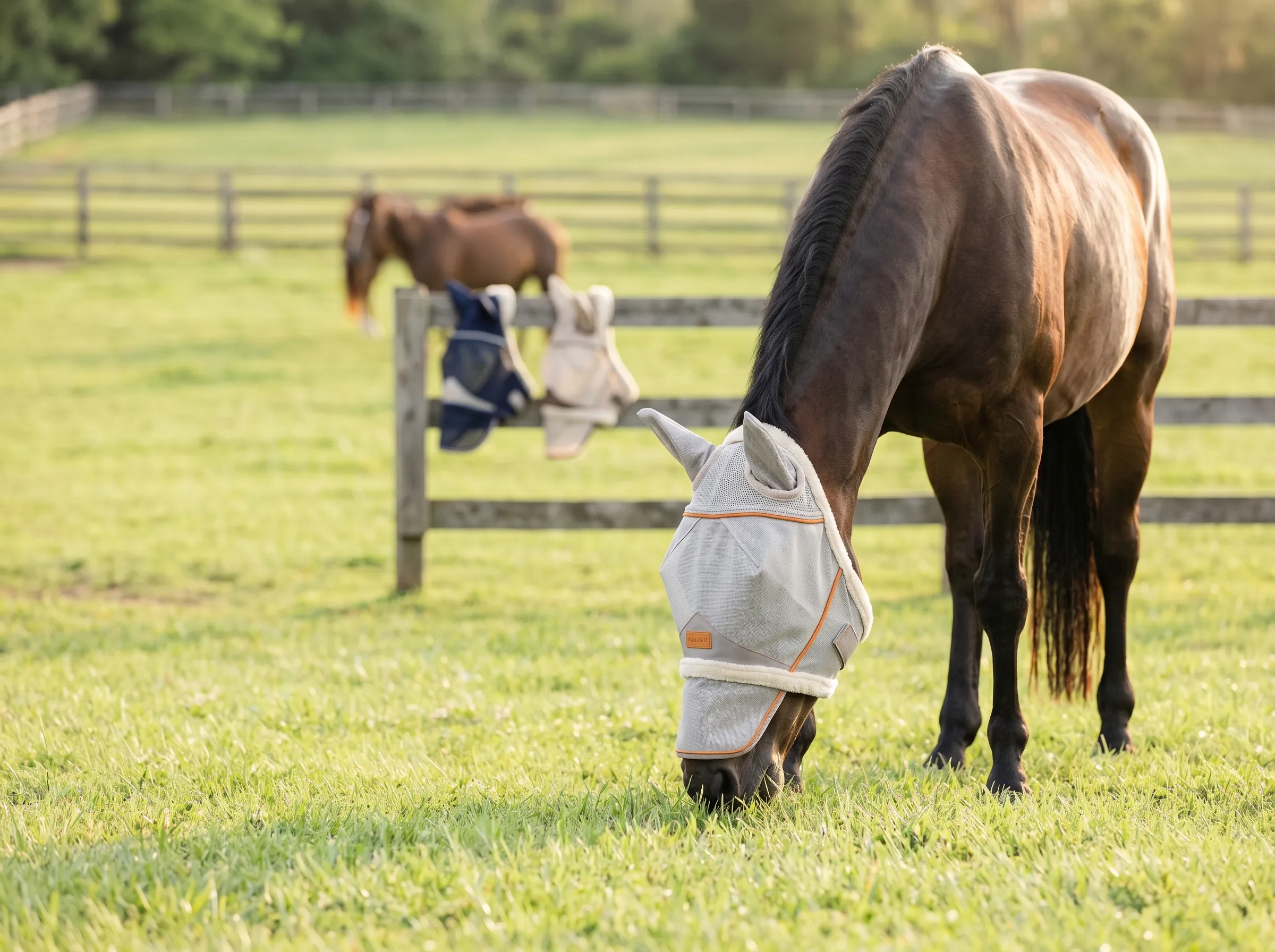 Horse wearing protective fly mask with ear coverage in sunny pasture