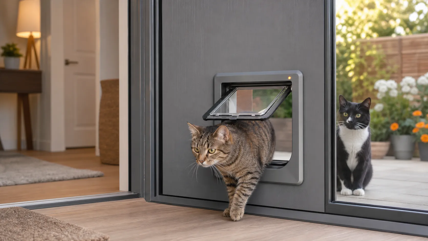 Microchip cat flap in a modern gray door with an authorized cat inside and an uninvited cat outside