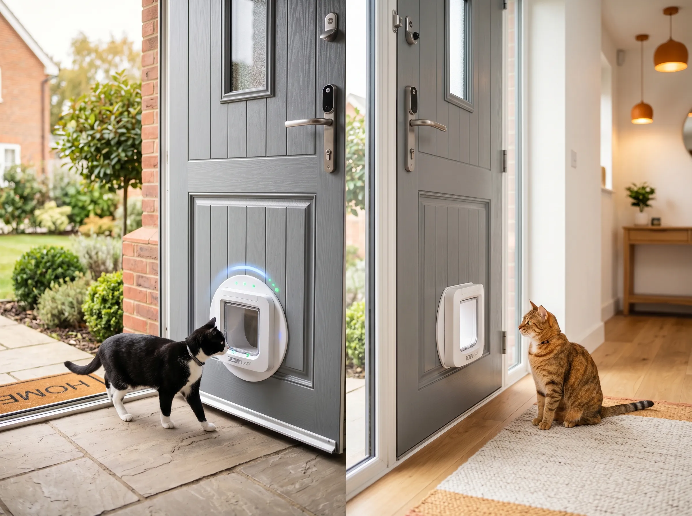 Modern microchip activated cat flap installed in door