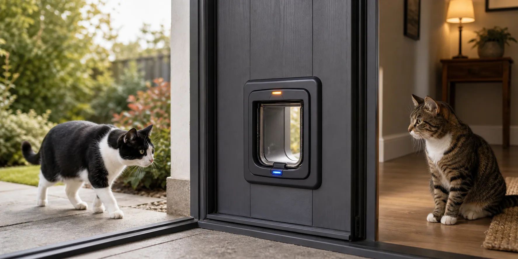 Microchip cat flap in a gray entry door with one cat outside and one cat inside